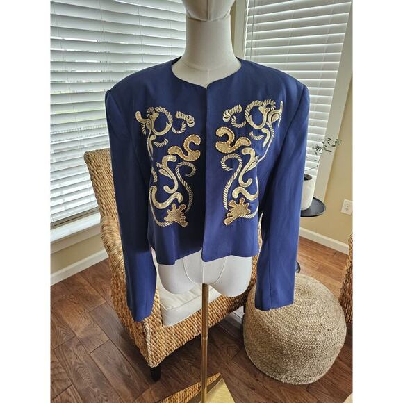 Mondi Jackets & Blazers - Mondi Vintage Blue Gold Embroidered Cropped Blazer Women's Size 44 Nautical